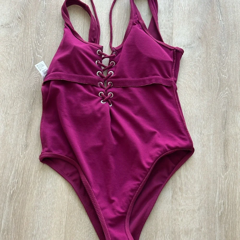 California Waves Purple One-Piece Swimsuit with Lace-Up Detail - Picture 5 of 6